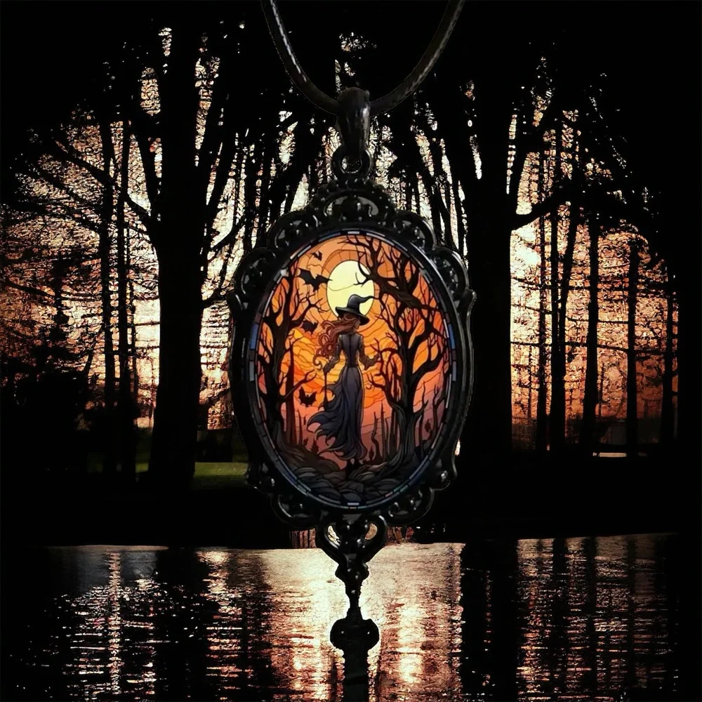 Retro Style Bat Witch Pendant Cameo Black Pendant  Necklace Gothic Glass Pendant